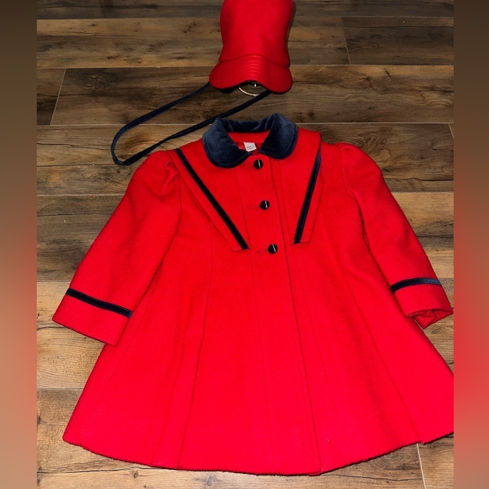 Vintage Rothschild Red Wool Coat & Hat Set Black Trim Retro Holiday - Picture 2 of 9